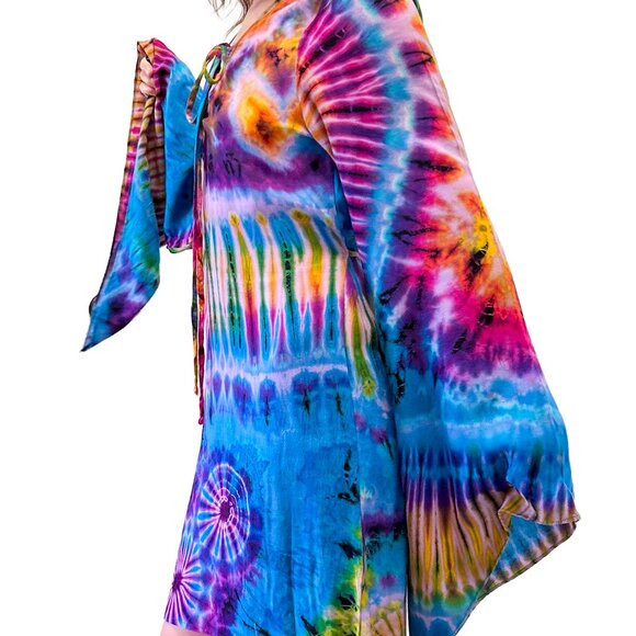 Tie Dye Hippie Wook Festival Bell Sleeve Psychedelic Priestess Mini Dress - Picture 6 of 8